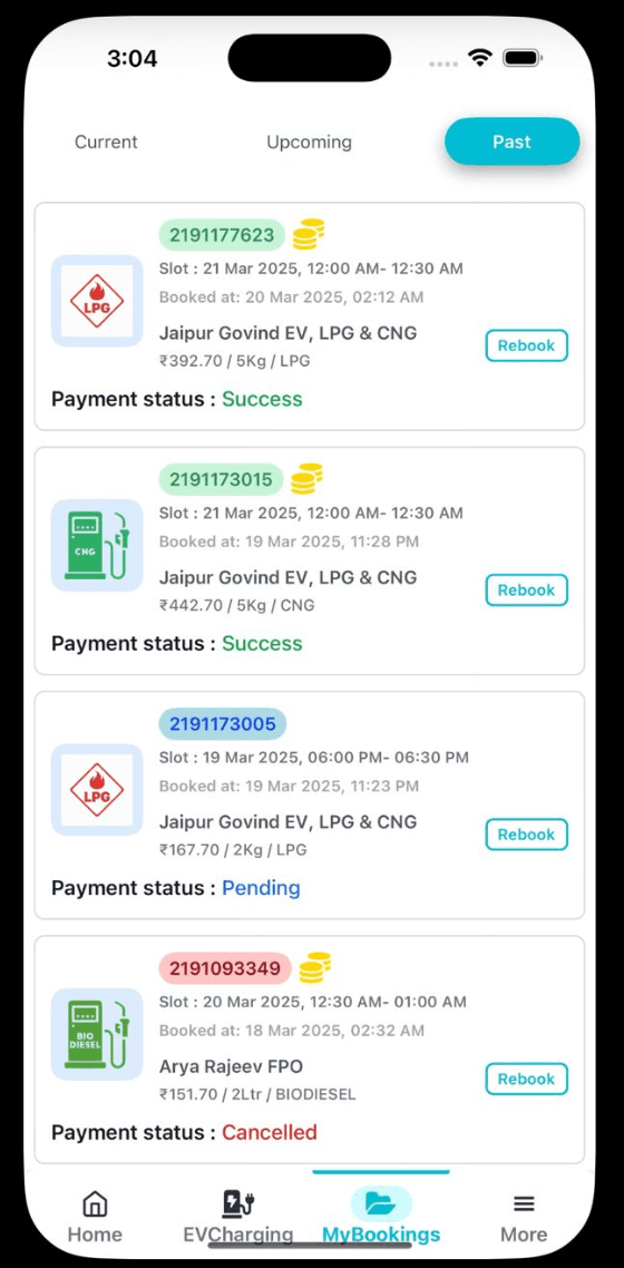 Palipoint My Bookings screen with past fuel and EV station reservations