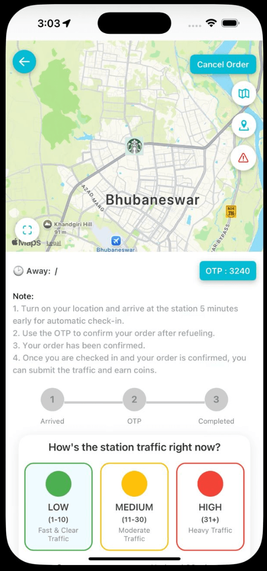 Palipoint live order screen with map, OTP check-in, and station traffic reporting
