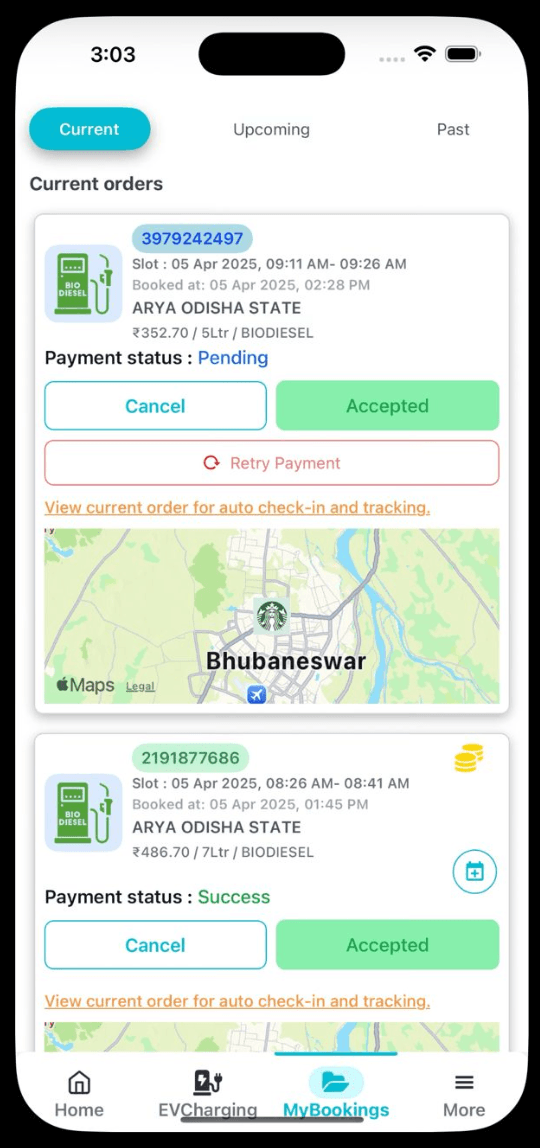 Palipoint mobile booking flow for fuel and charging stations
