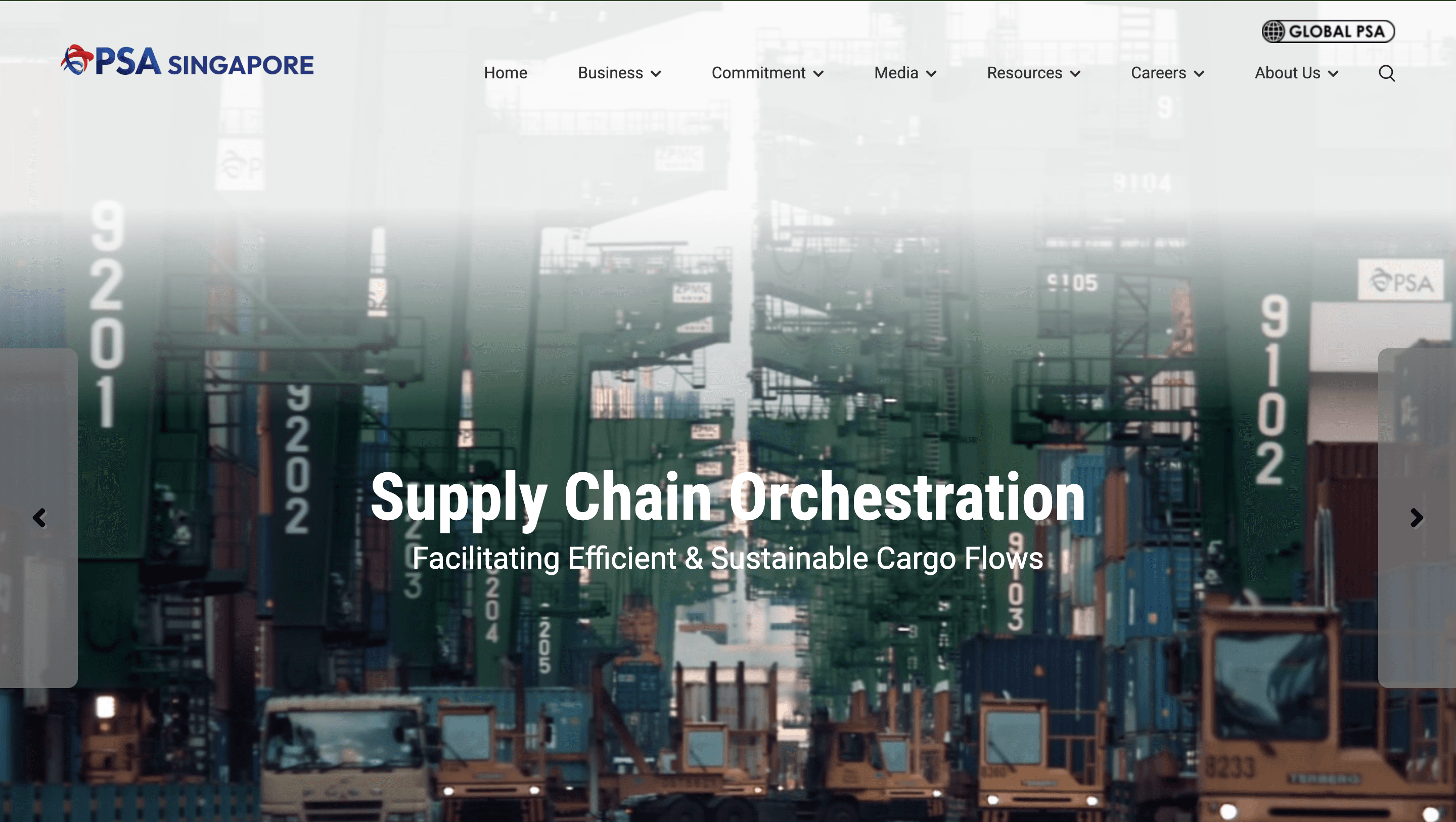 PSA Singapore homepage hero — Supply Chain Orchestration over a container terminal