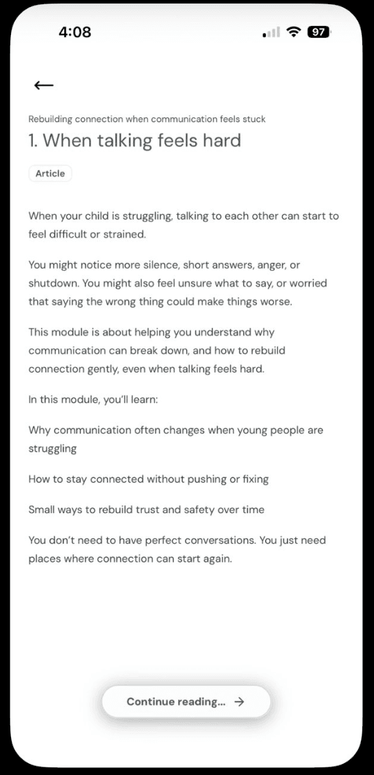 Speek Ally article screen — When talking feels hard, with continue reading CTA