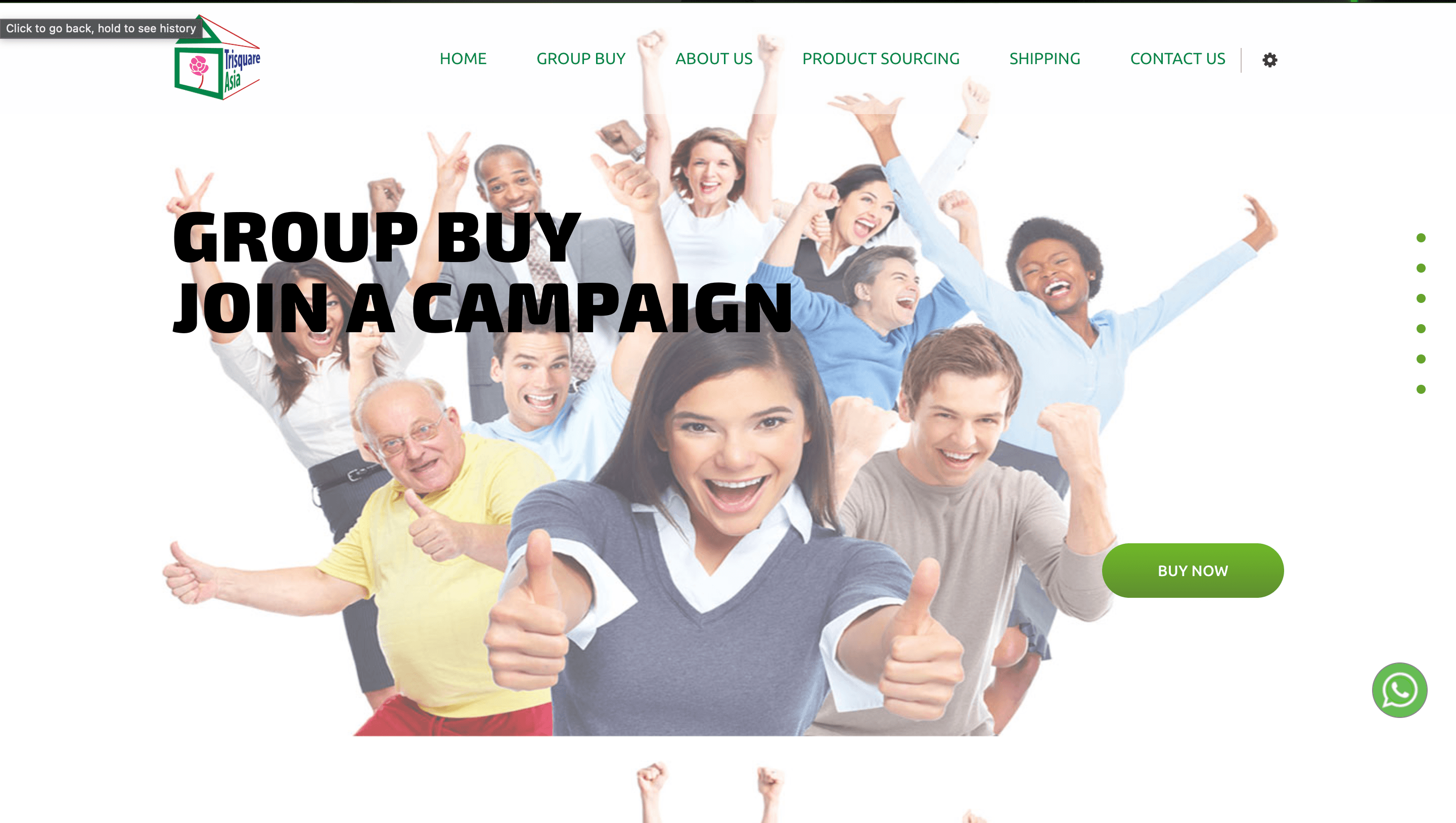 Trisquare Asia homepage — Group Buy Join a Campaign hero with Buy Now CTA