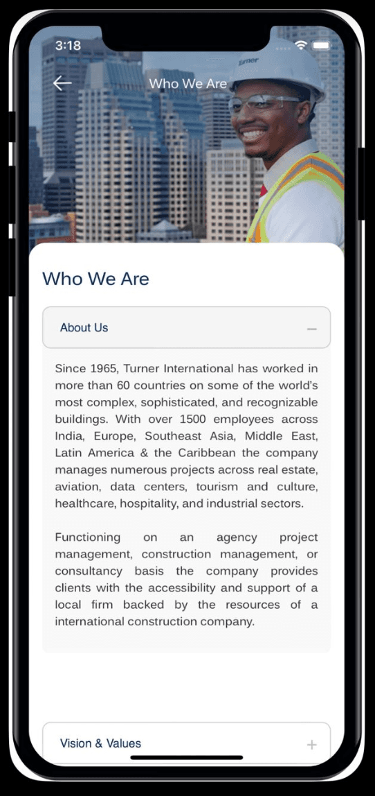 Turner International Who We Are mobile page with about accordion content